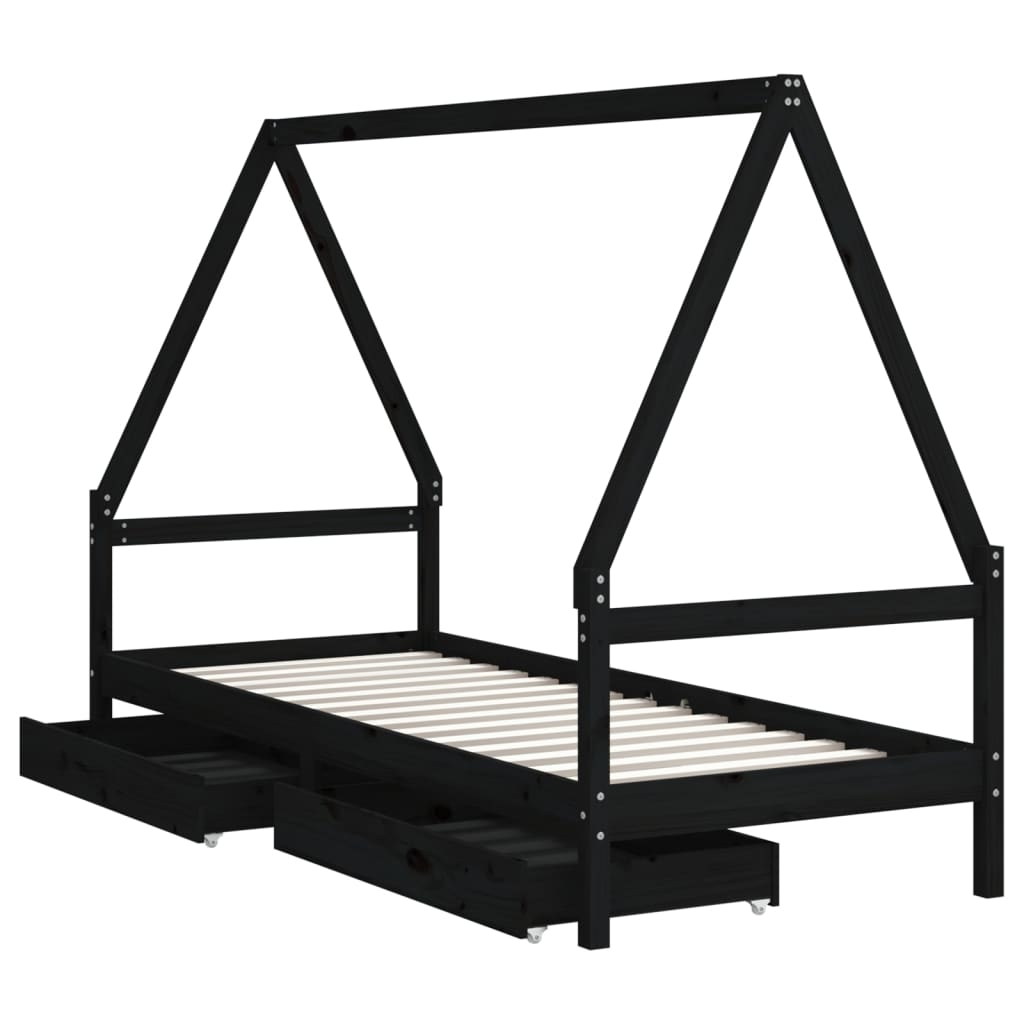 Okvir za dječji krevet s ladicama crni 90 x 190 cm od borovine