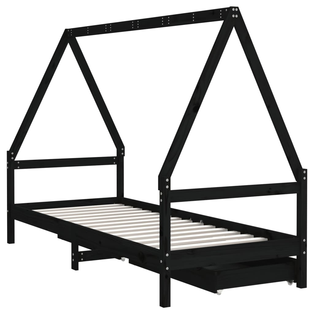 Okvir za dječji krevet s ladicama crni 90 x 190 cm od borovine