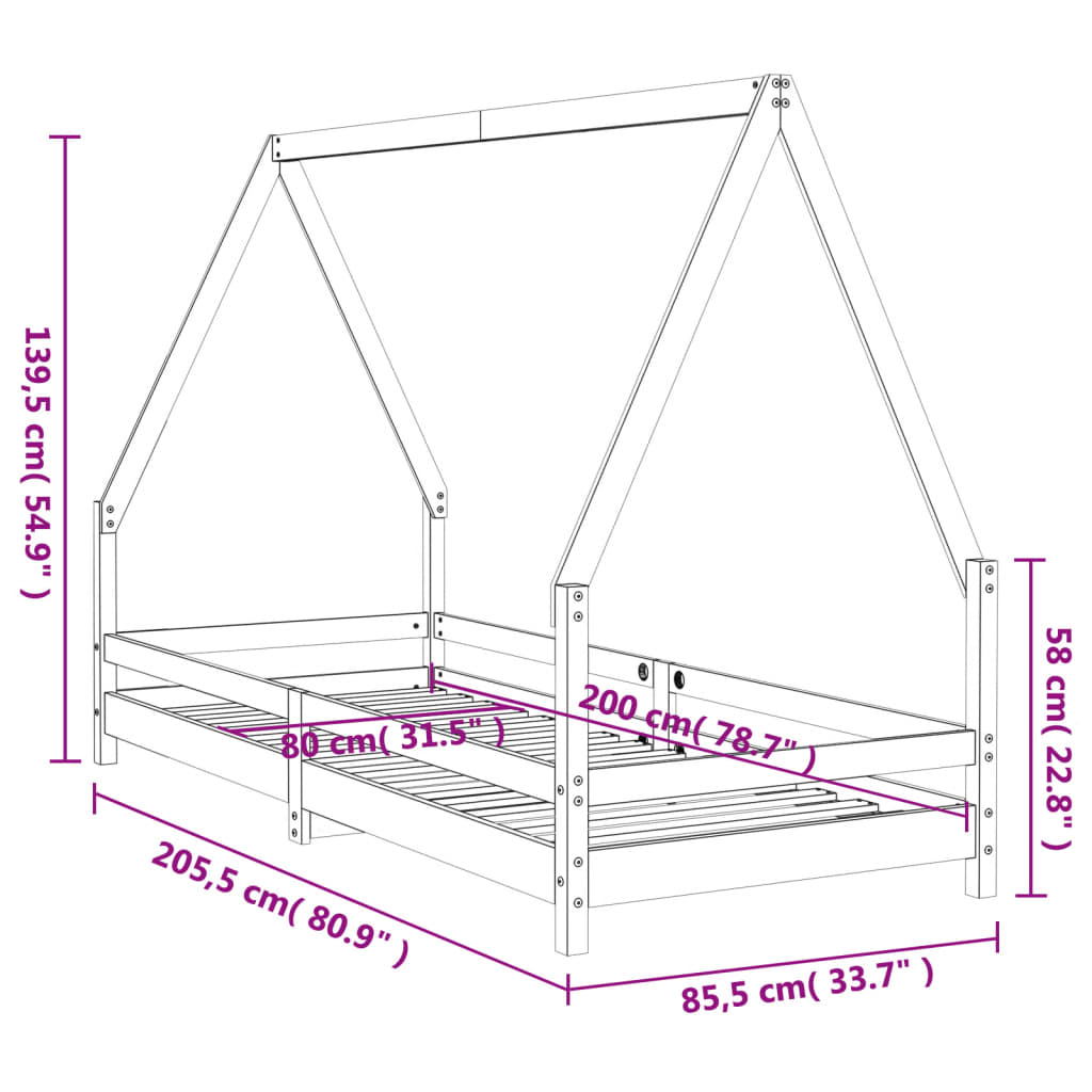 Okvir za dječji krevet crni 80 x 200 cm od masivne borovine