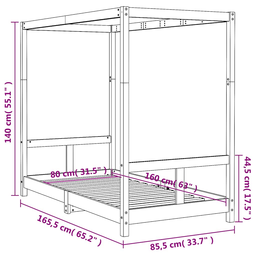 Okvir za dječji krevet bijeli 80 x 160 cm od masivne borovine