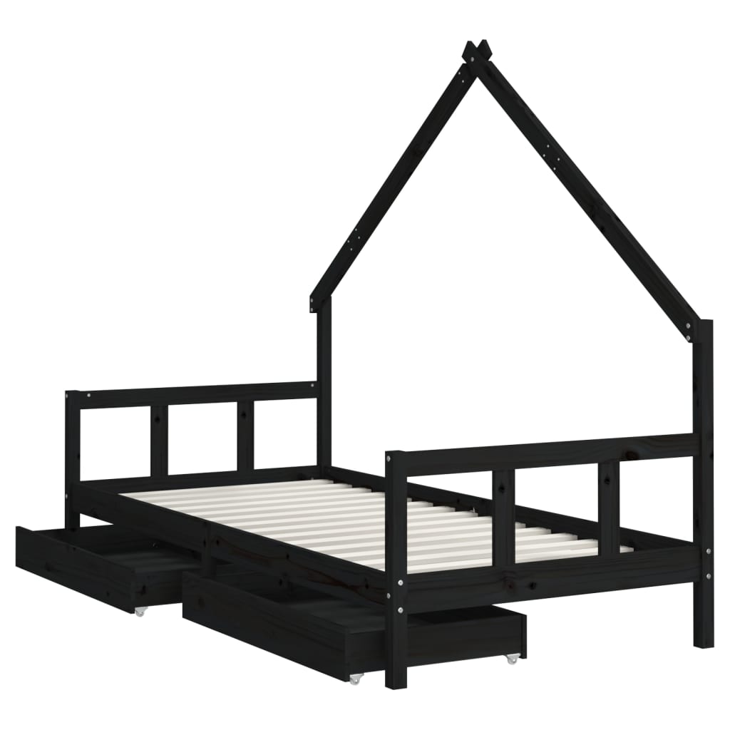 Okvir za dječji krevet s ladicama crni 90 x 200 cm od borovine