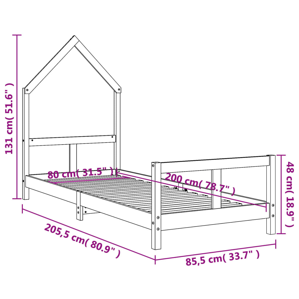 Okvir za dječji krevet bijeli 80 x 200 cm od masivne borovine