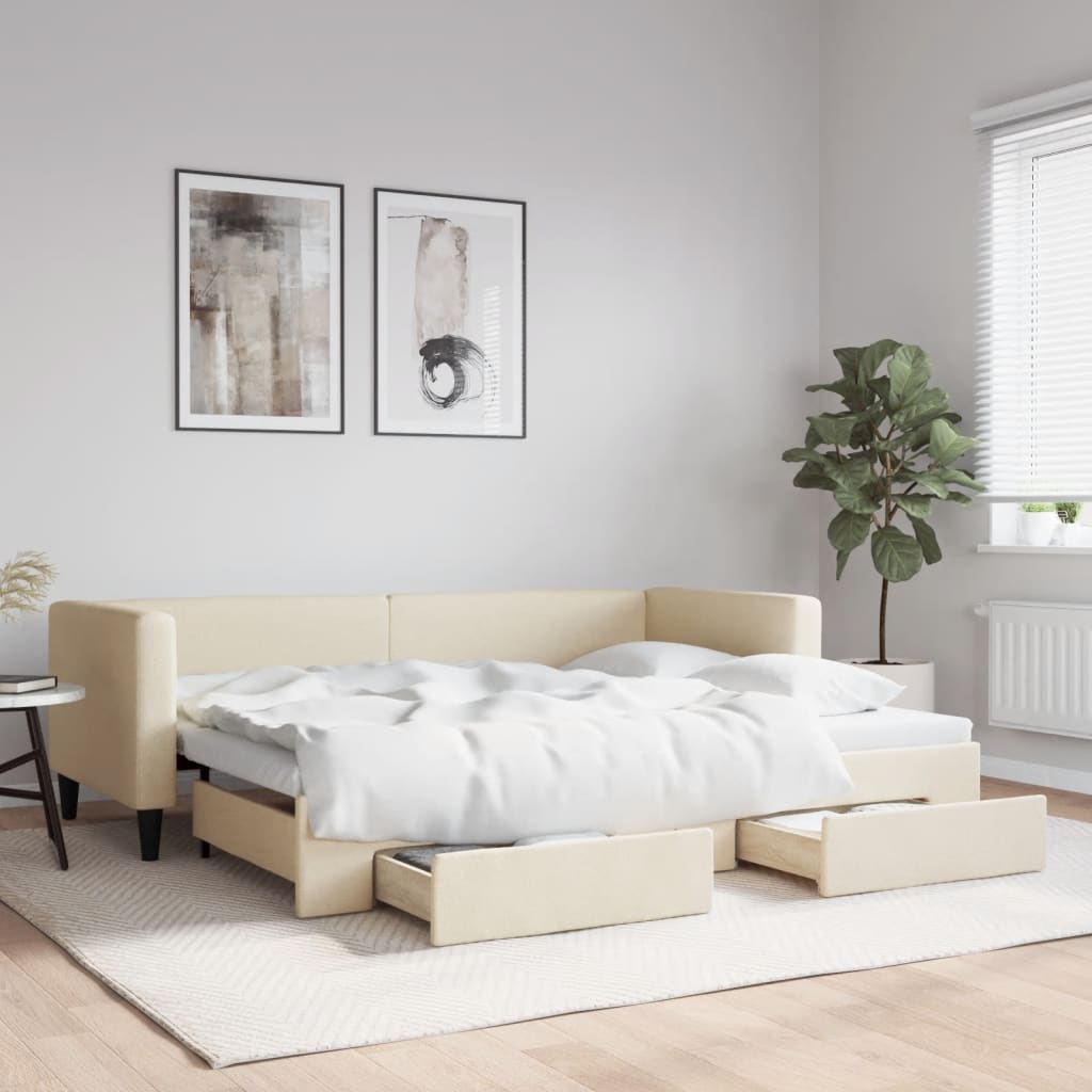 Dnevni krevet na razvlačenje s ladicama krem 80x200 cm tkanina