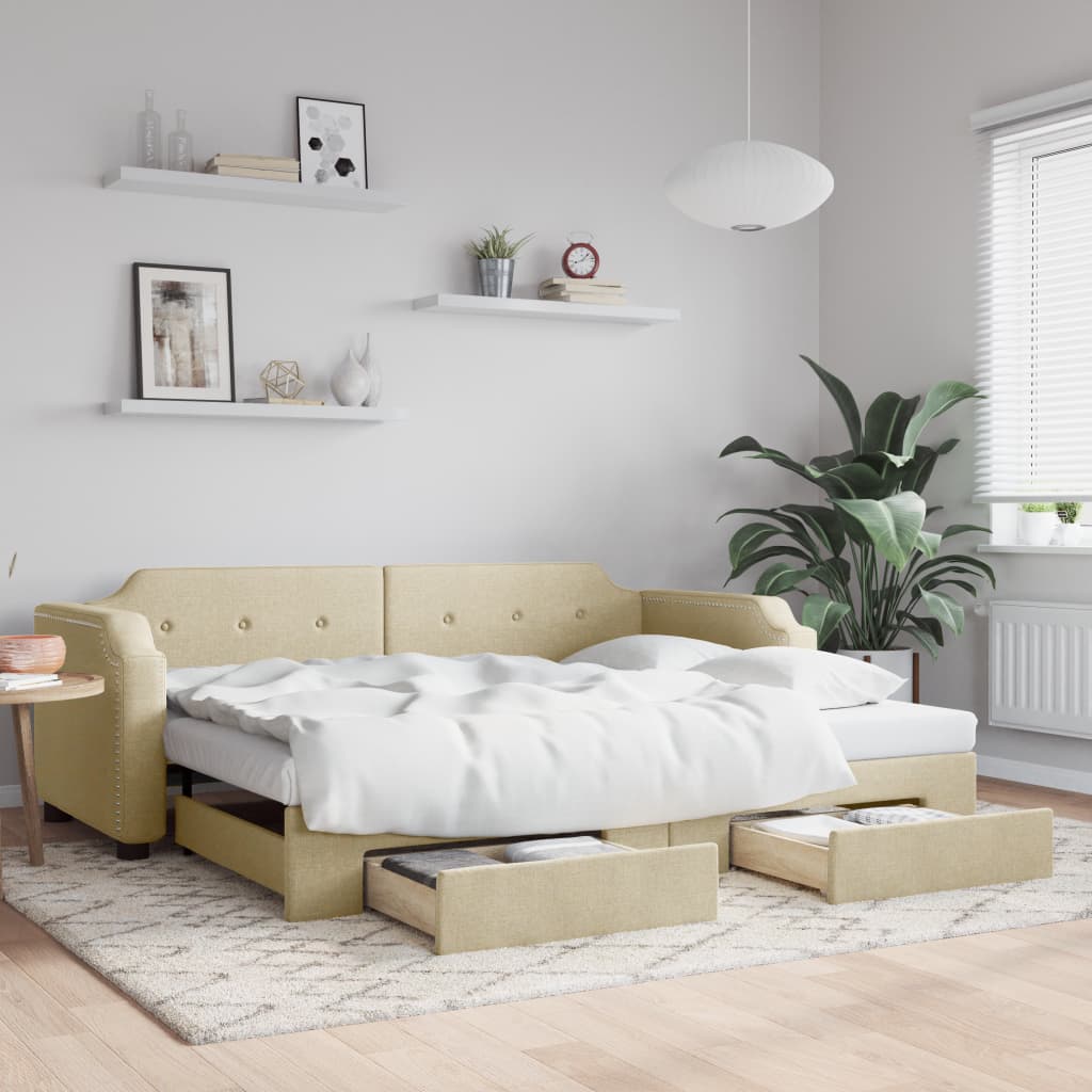 Dnevni krevet na razvlačenje s ladicama krem 100x200 cm tkanina