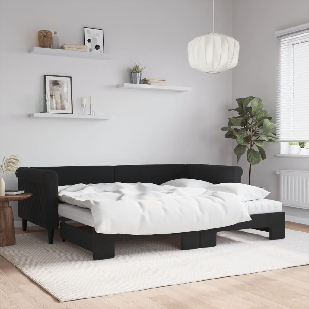 Dnevni krevet na razvlačenje s madracima crni 90x200 cm baršun