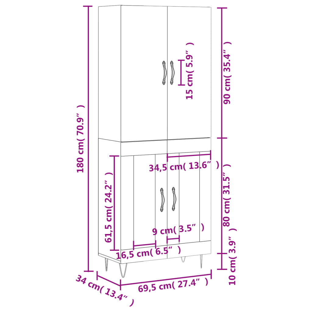 Visoka komoda dimljeni hrast 69,5x34x180 cm konstruiranog drva