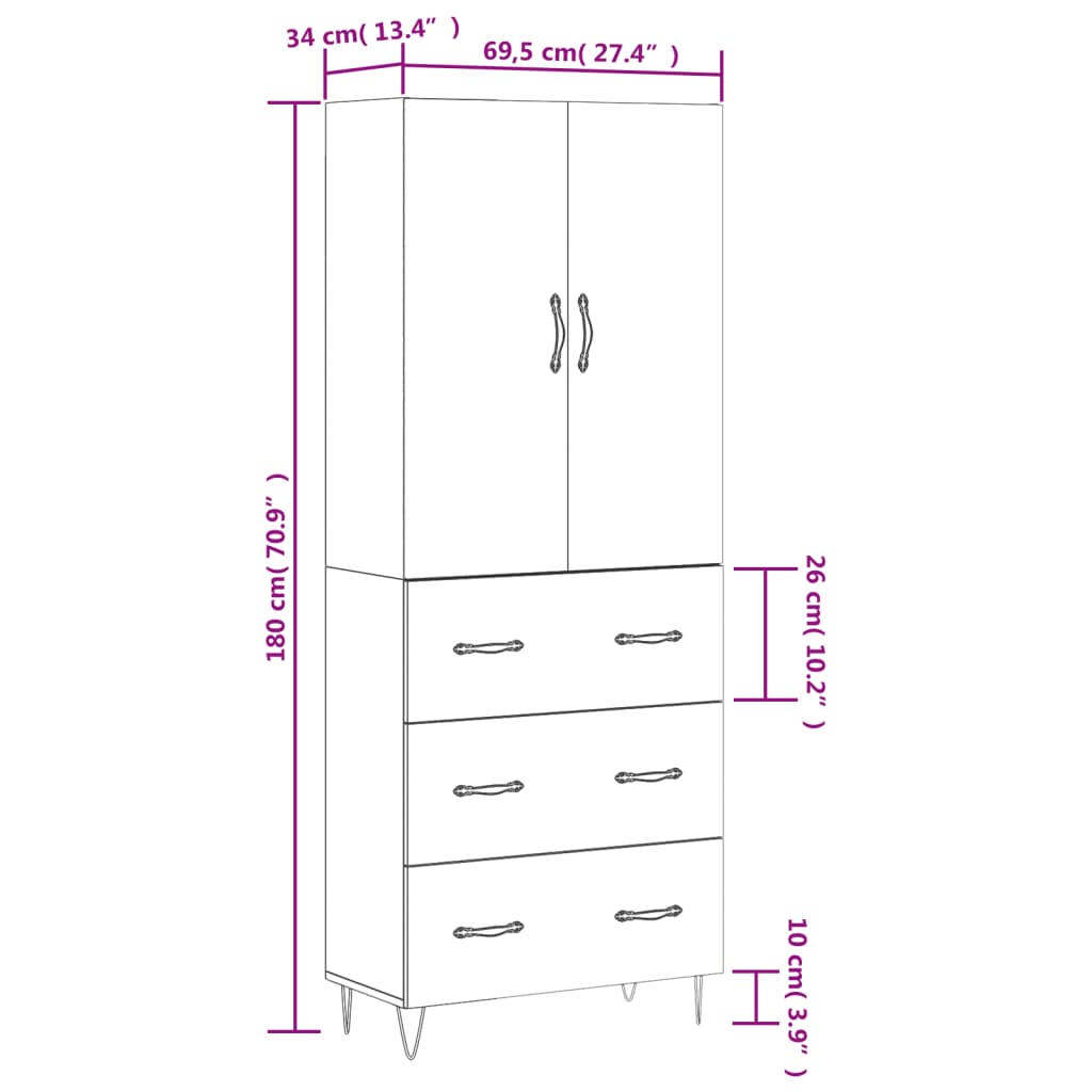 Visoka komoda dimljeni hrast 69,5x34x180 cm konstruiranog drva