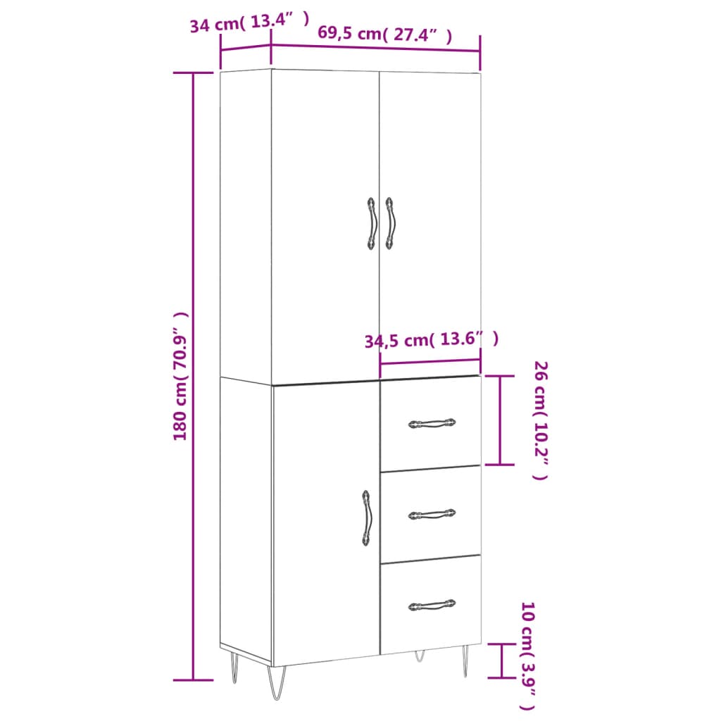 Visoka komoda siva betona 69,5x34x180 cm od konstruiranog drva
