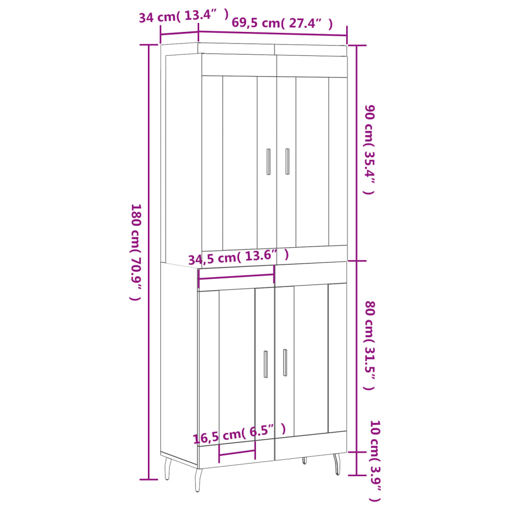 Visoka komoda siva betona 69,5x34x180 cm od konstruiranog drva