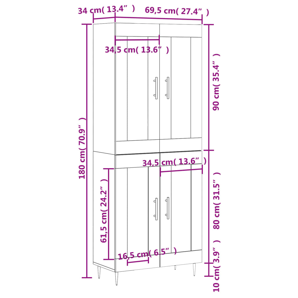 Visoka komoda bijela 69,5x34x180 cm konstruirano drvo