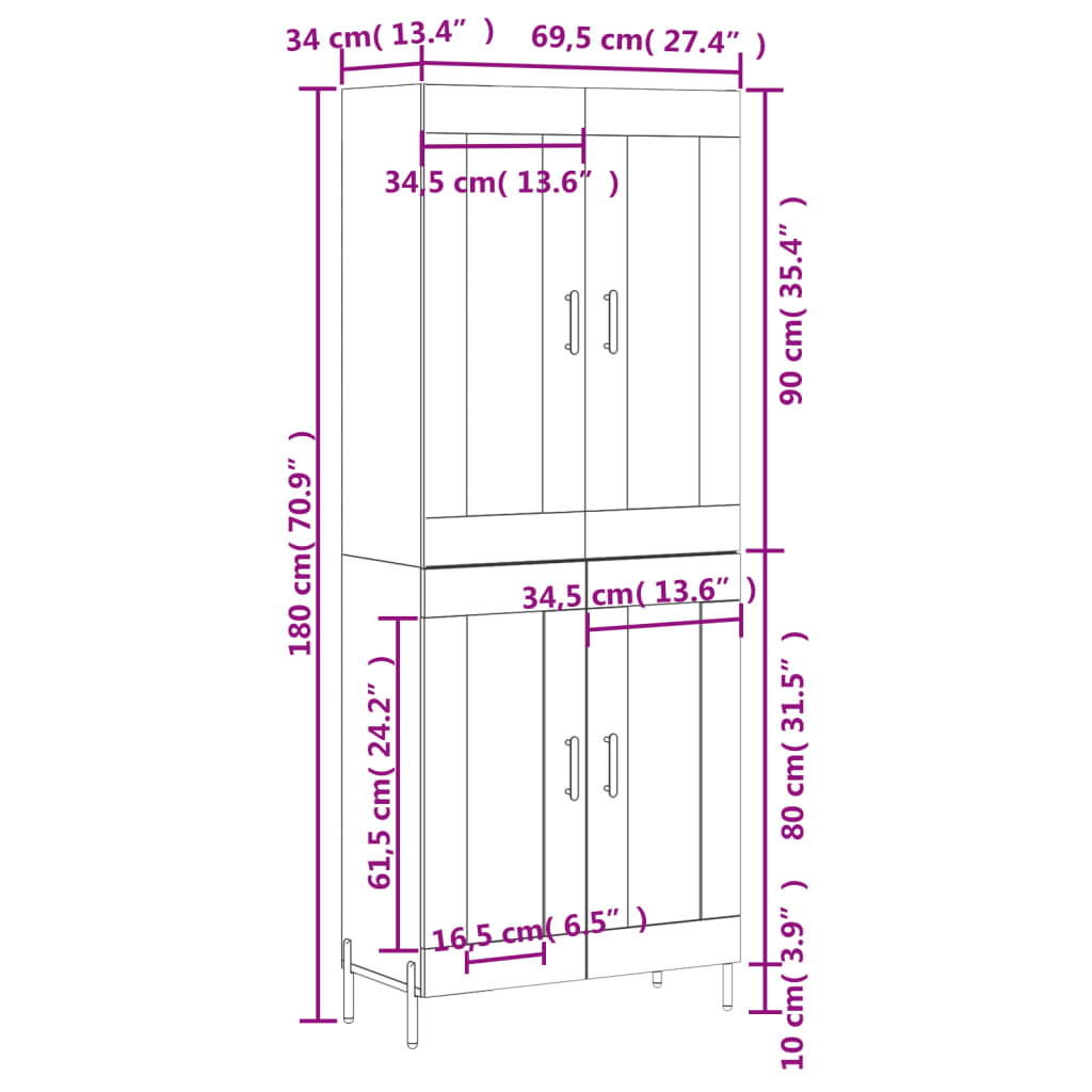 Visoka komoda bijela 69,5x34x180 cm konstruirano drvo