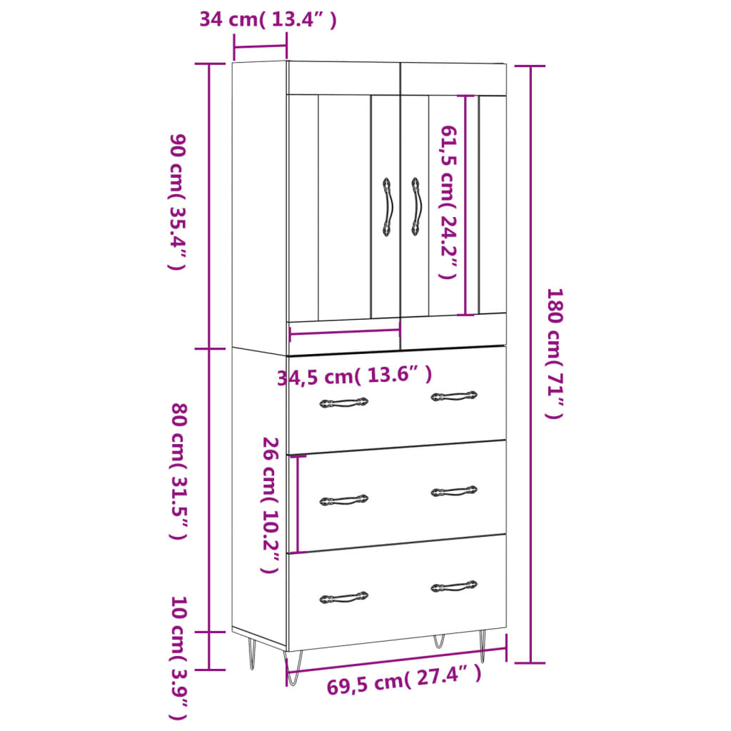Visoka komoda dimljeni hrast 69,5x34x180 cm konstruiranog drva