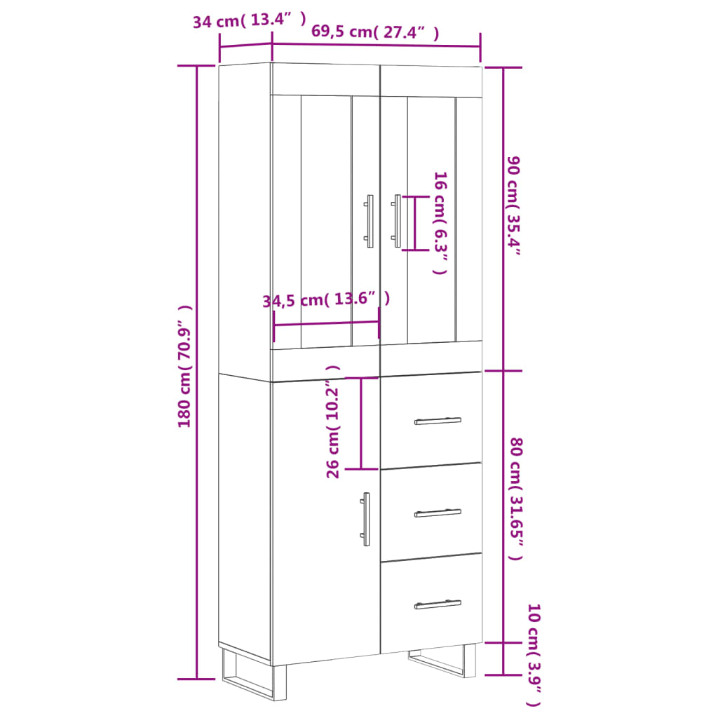 Visoka komoda hrasta sonome 69,5x34x180cm od konstruiranog drva
