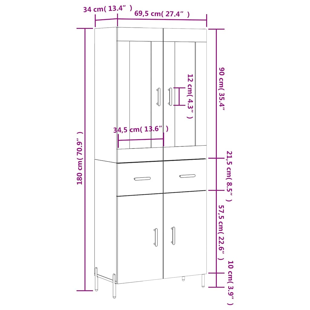 Visoka komoda dimljeni hrast 69,5x34x180 cm konstruiranog drva