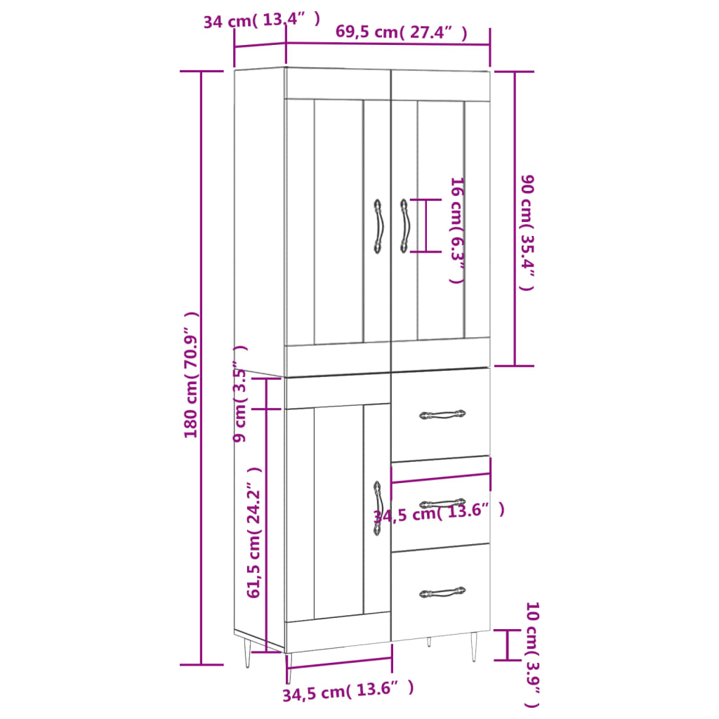 Visoka komoda siva sonome 69,5x34x180 cm od konstruiranog drva