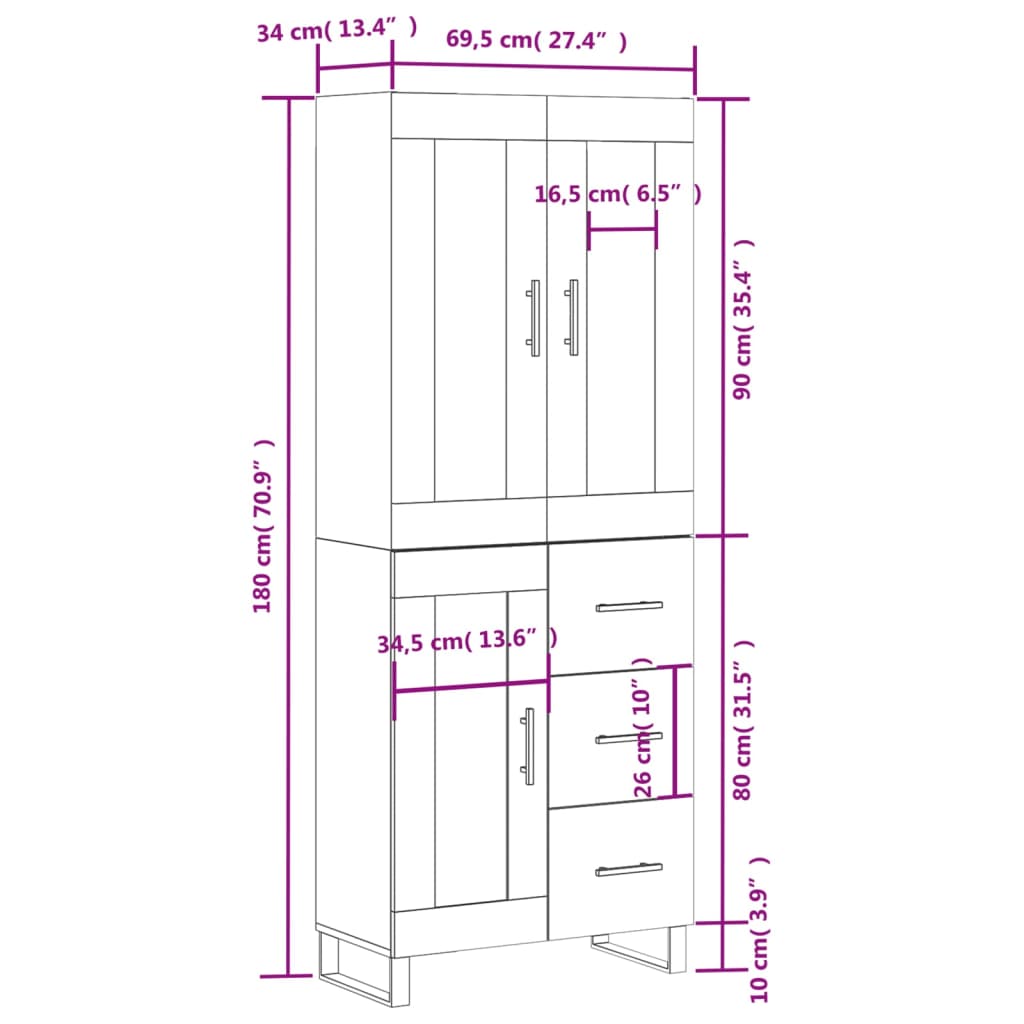 Visoka komoda siva betona 69,5x34x180 cm od konstruiranog drva