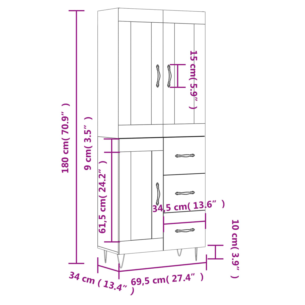 Visoka komoda siva sonome 69,5x34x180 cm od konstruiranog drva