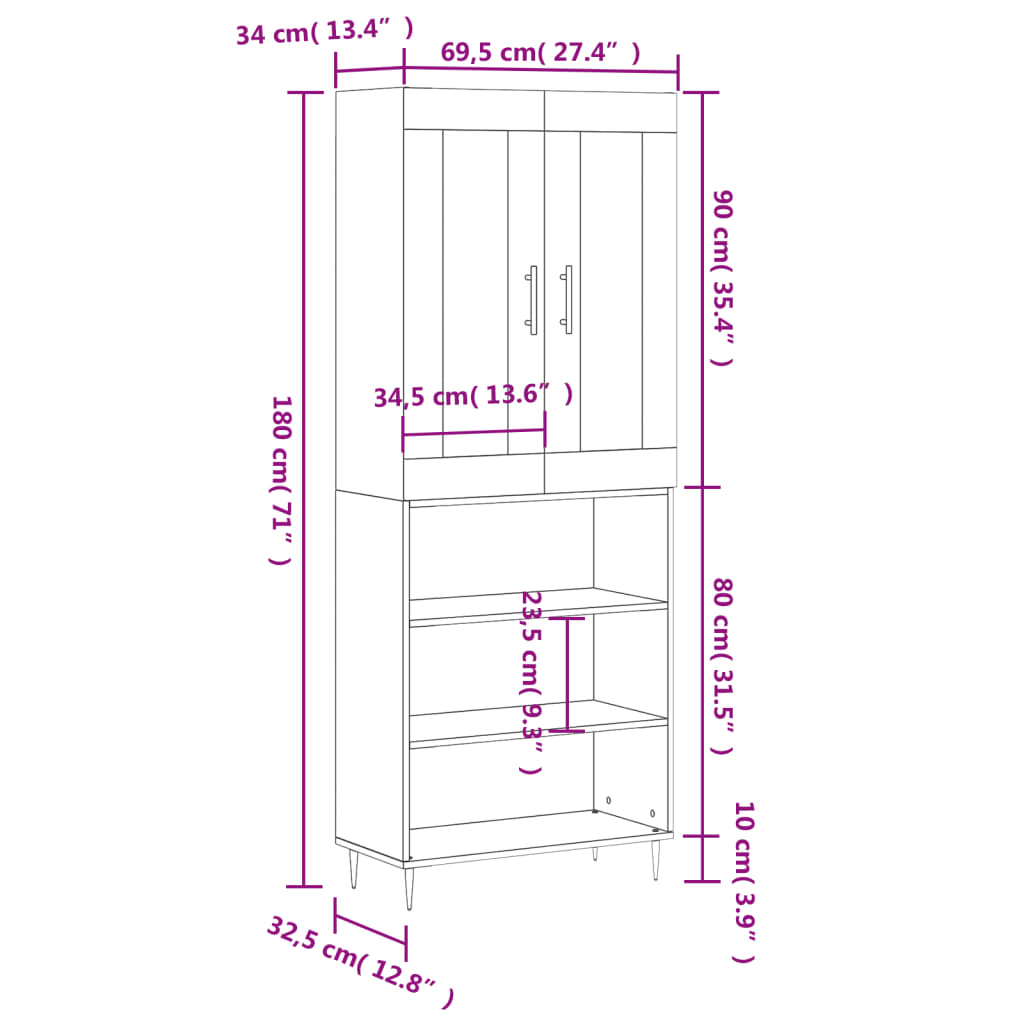 Visoka komoda siva betona 69,5x34x180 cm od konstruiranog drva