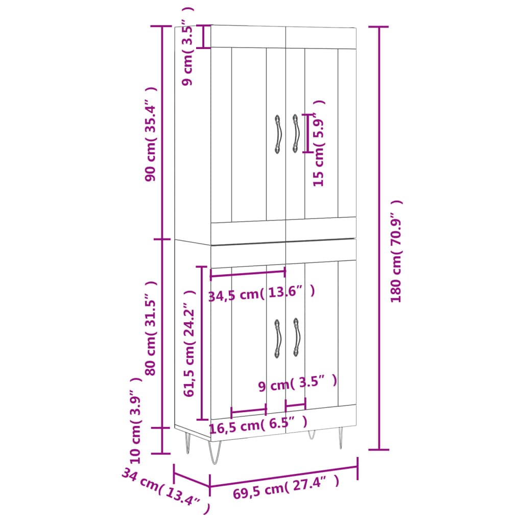Visoka komoda dimljeni hrast 69,5x34x180 cm konstruiranog drva