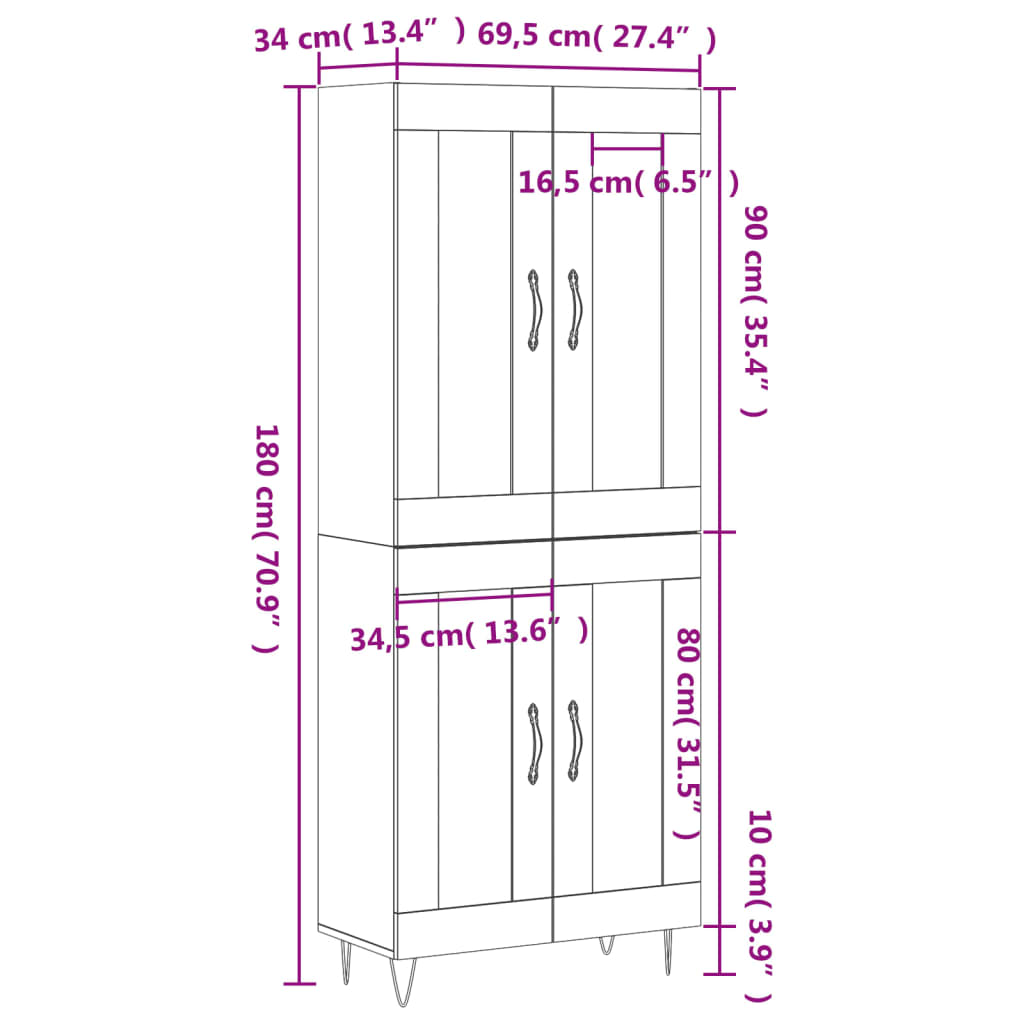 Visoka komoda bijela 69,5x34x180 cm konstruirano drvo