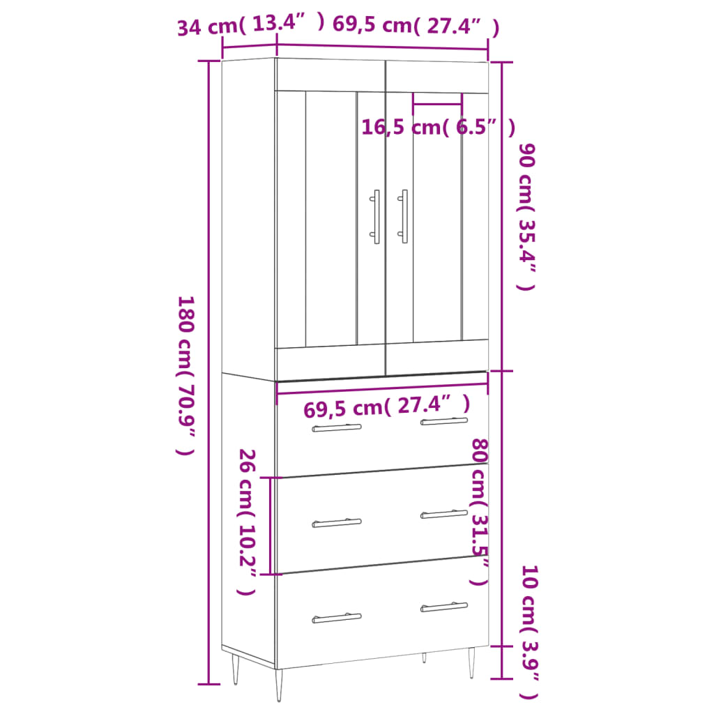Visoka komoda siva betona 69,5x34x180 cm od konstruiranog drva