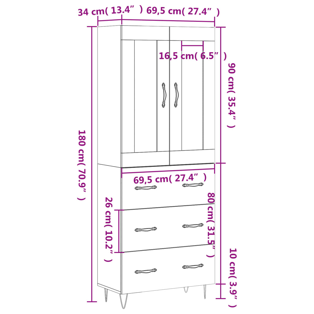 Visoka komoda siva sonome 69,5x34x180 cm od konstruiranog drva