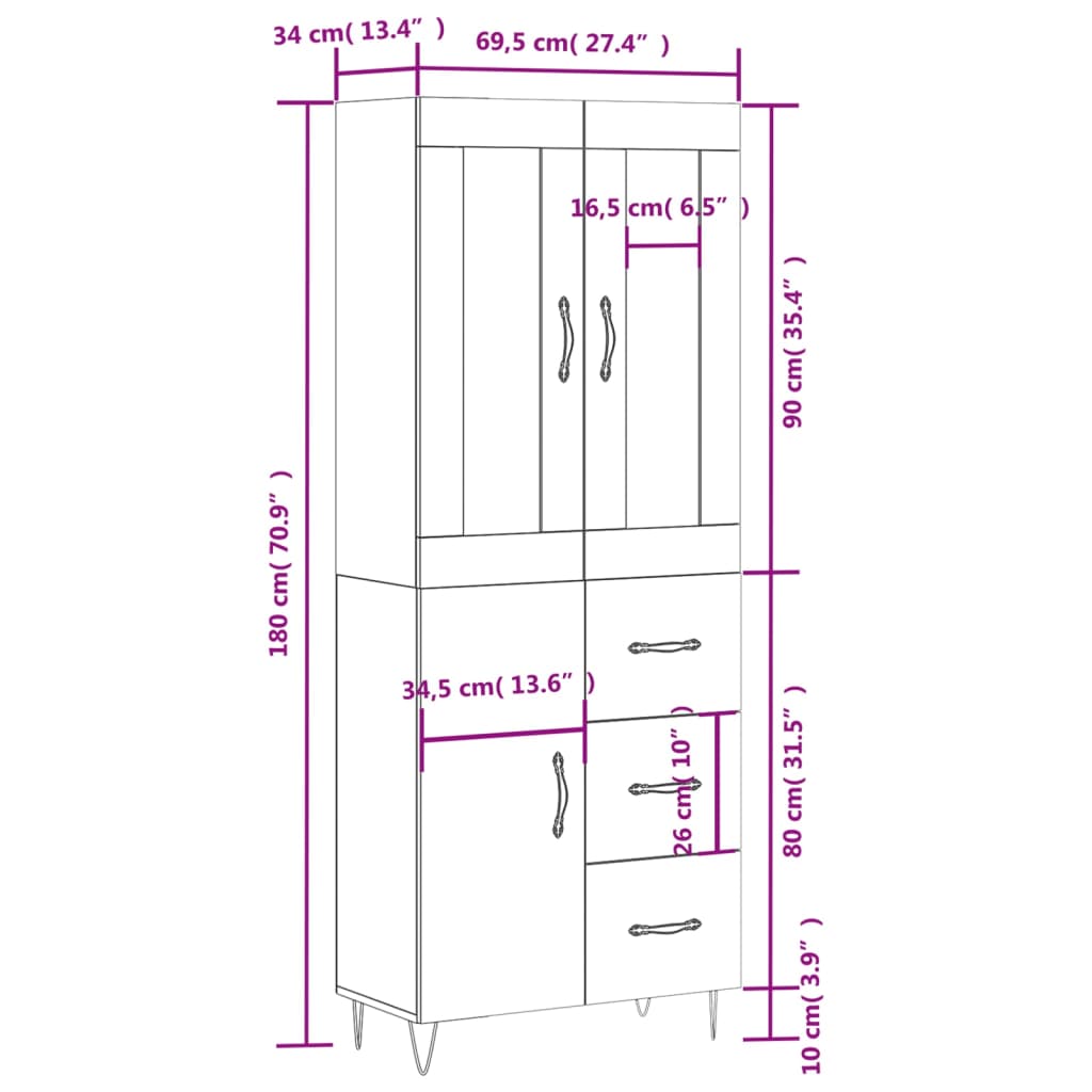 Visoka komoda siva betona 69,5x34x180 cm od konstruiranog drva