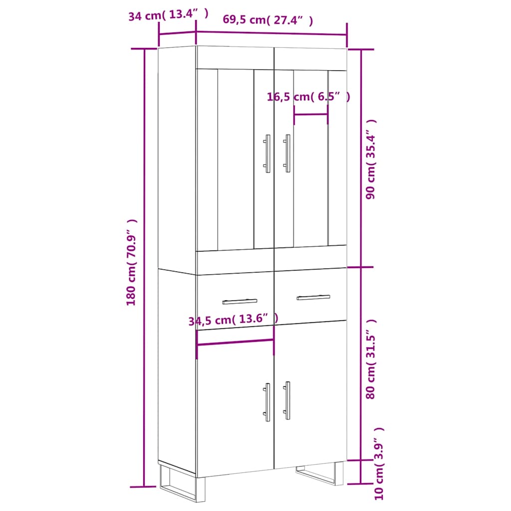Visoka komoda dimljeni hrast 69,5x34x180 cm konstruiranog drva