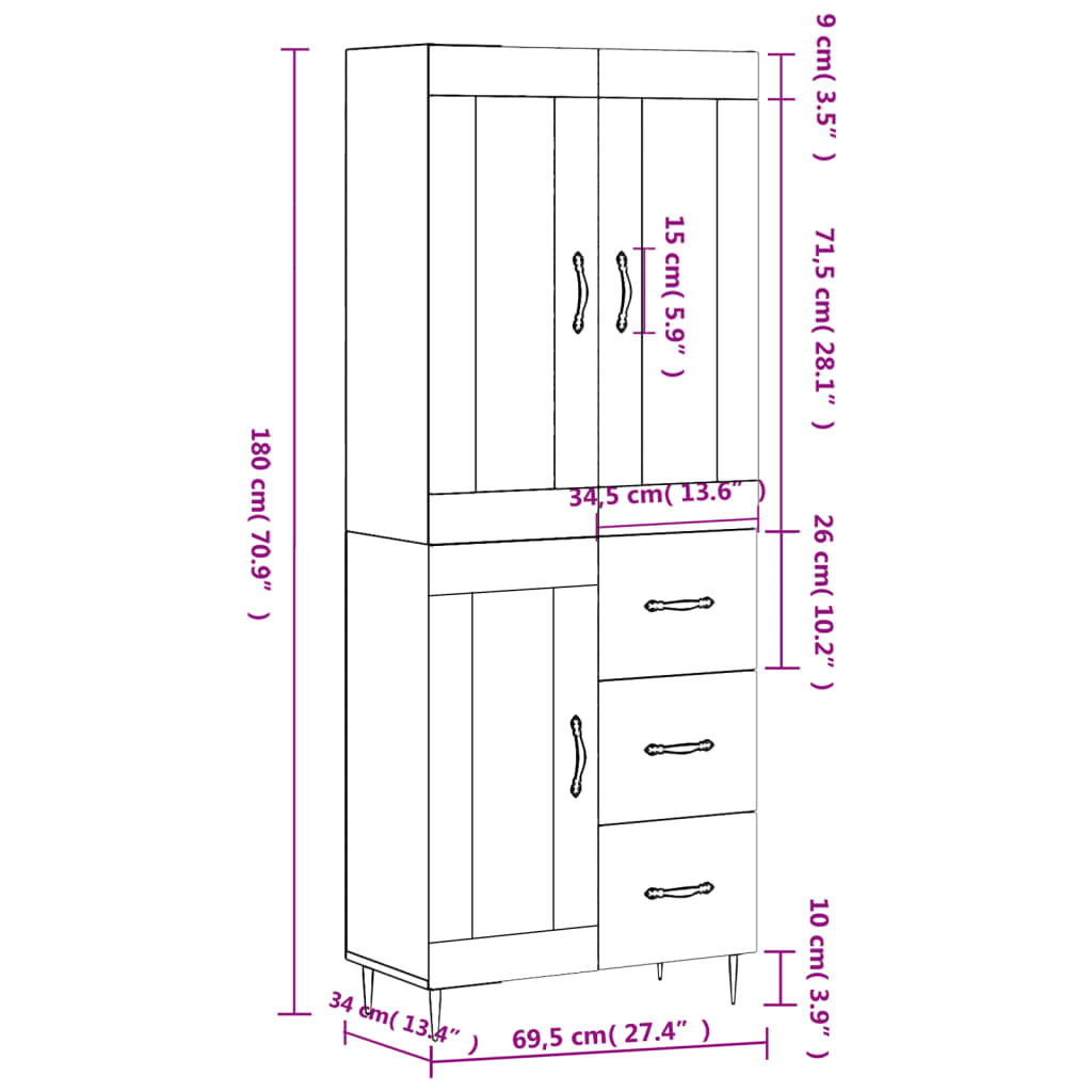 Visoka komoda siva sonome 69,5x34x180 cm od konstruiranog drva