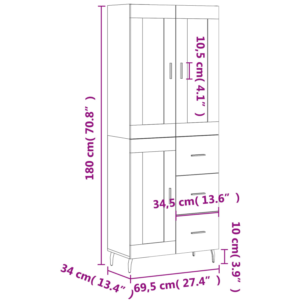 Visoka komoda bijela 69,5x34x180 cm konstruirano drvo