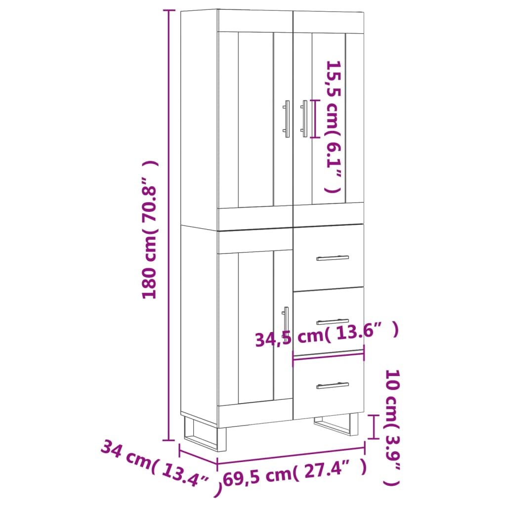 Visoka komoda bijela 69,5x34x180 cm konstruirano drvo