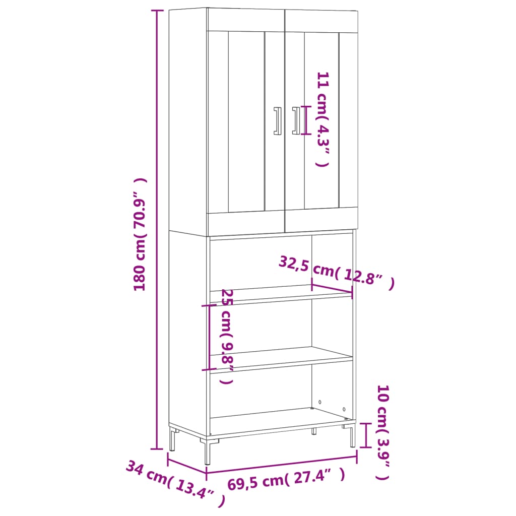 Visoka komoda siva sonome 69,5x34x180 cm od konstruiranog drva