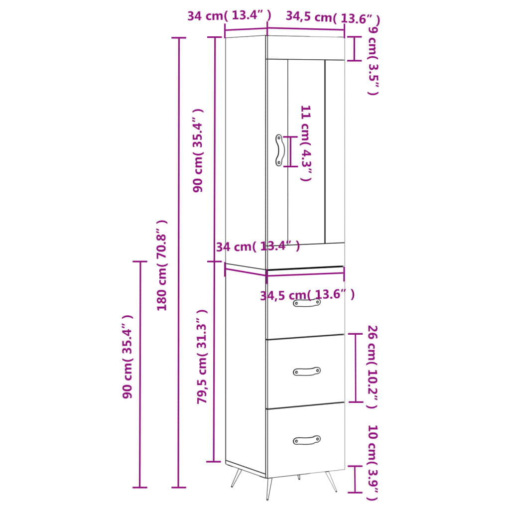 Visoka komoda dimljeni hrast 34,5x34x180cm konstruiranog drva