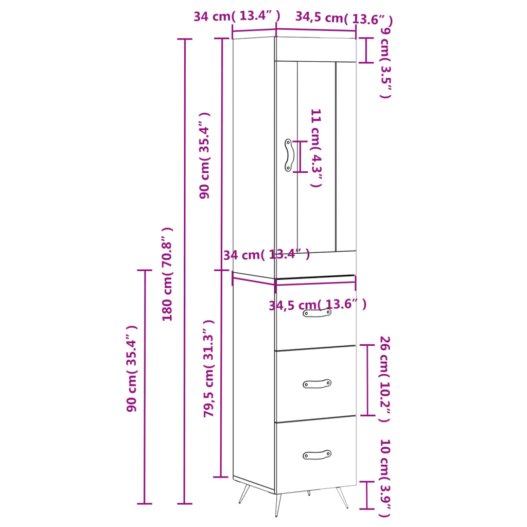 Visoka komoda siva sonome 34,5x34x180 cm od konstruiranog drva
