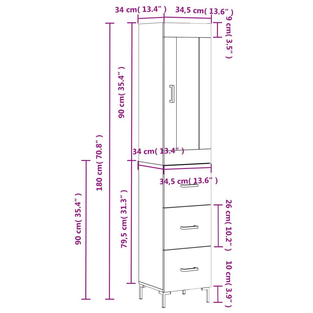 Visoka komoda dimljeni hrast 34,5x34x180cm konstruiranog drva