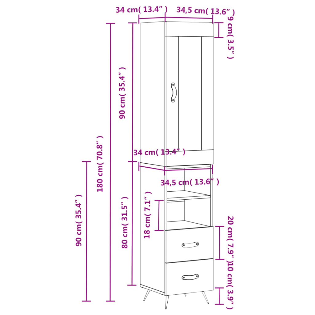 Visoka komoda sjajna bijela 34,5x34x180 cm konstruirano drvo