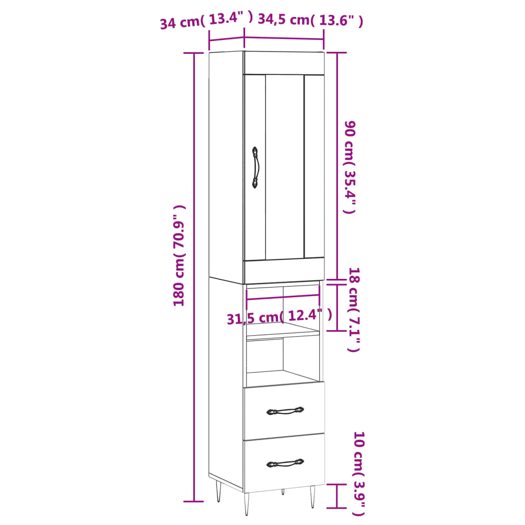Visoka komoda bijeli 34,5x34x180 cm od konstruiranog drva