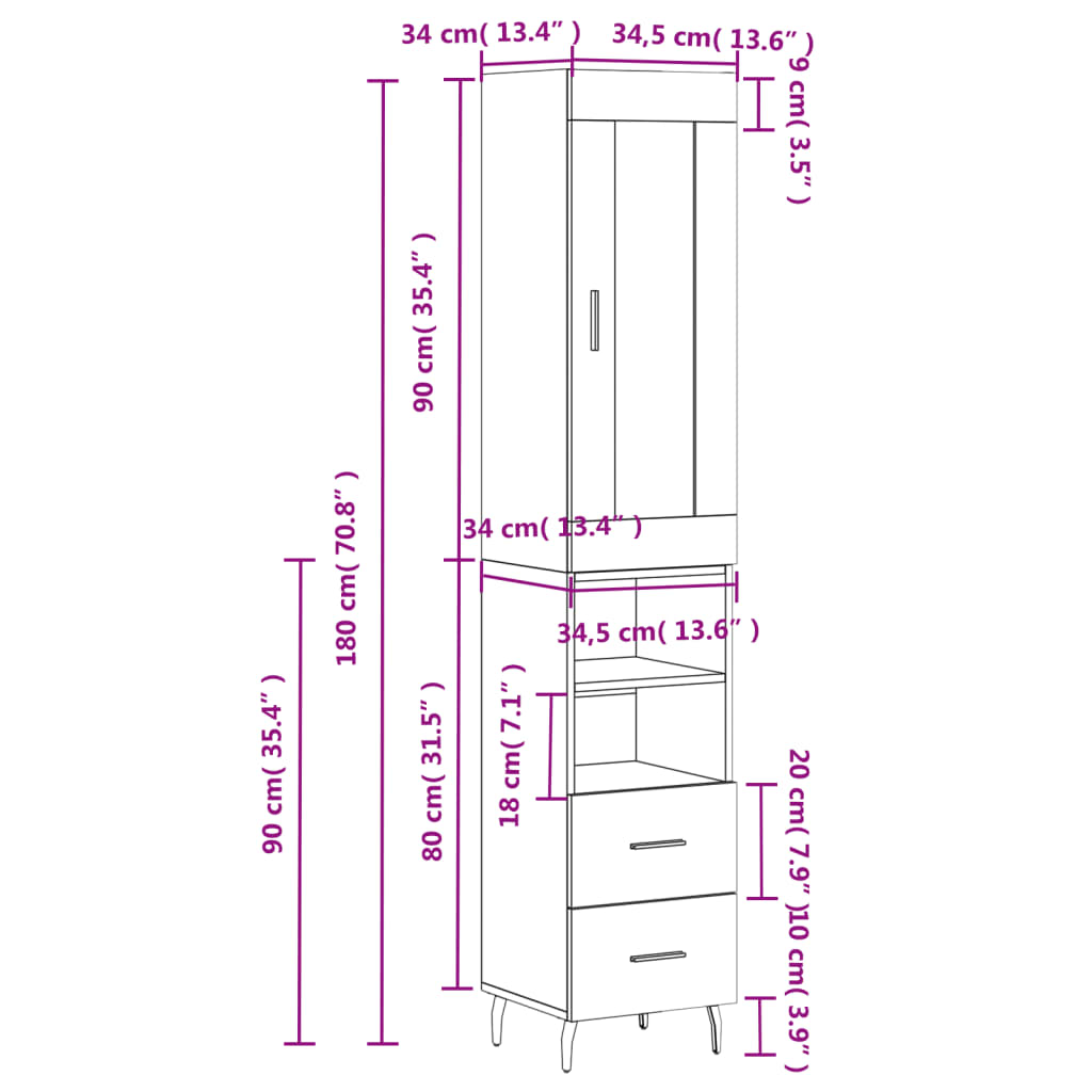 Visoka komoda siva sonome 34,5x34x180 cm od konstruiranog drva