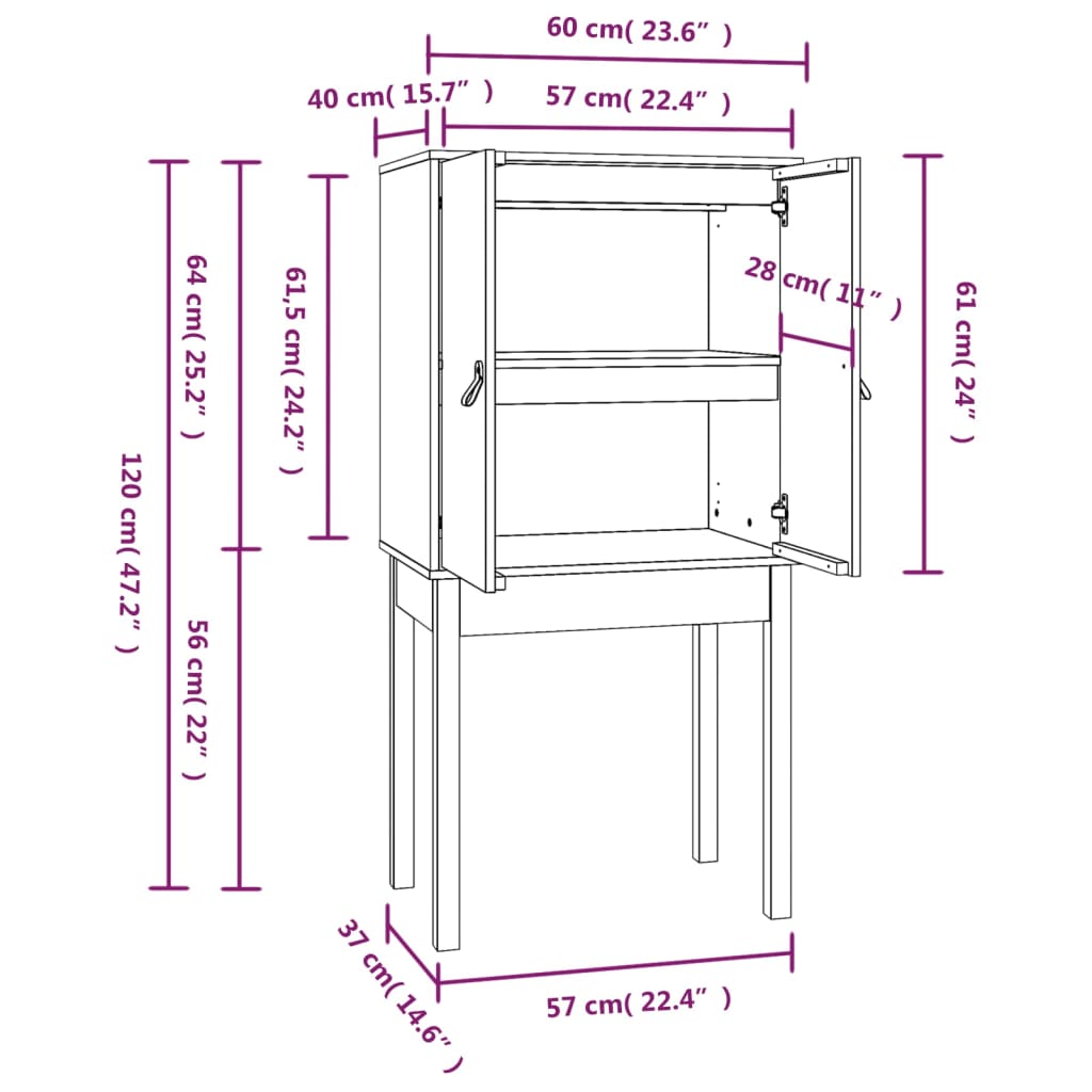 Visoka komoda siva 60 x 40 x 120 cm od masivne borovine