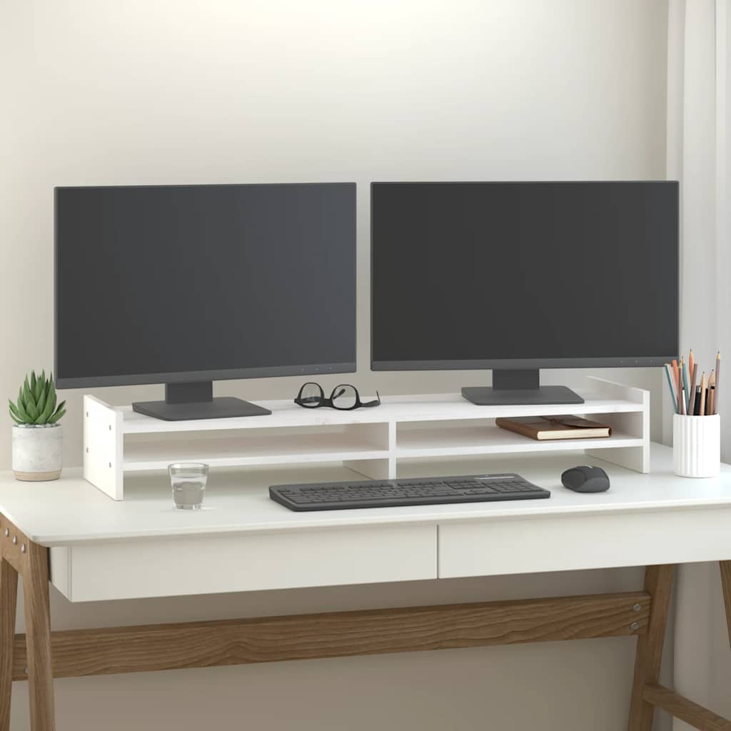 Stalak za monitor bijeli 100x27x15 cm od masivne borovine