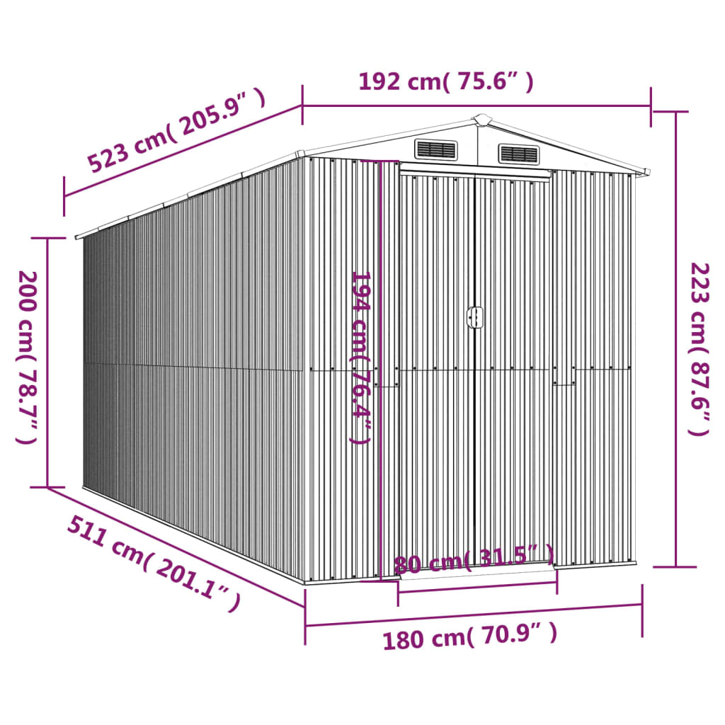 Vrtno spremište tamnosmeđe 192x523x223 cm pocinčani čelik