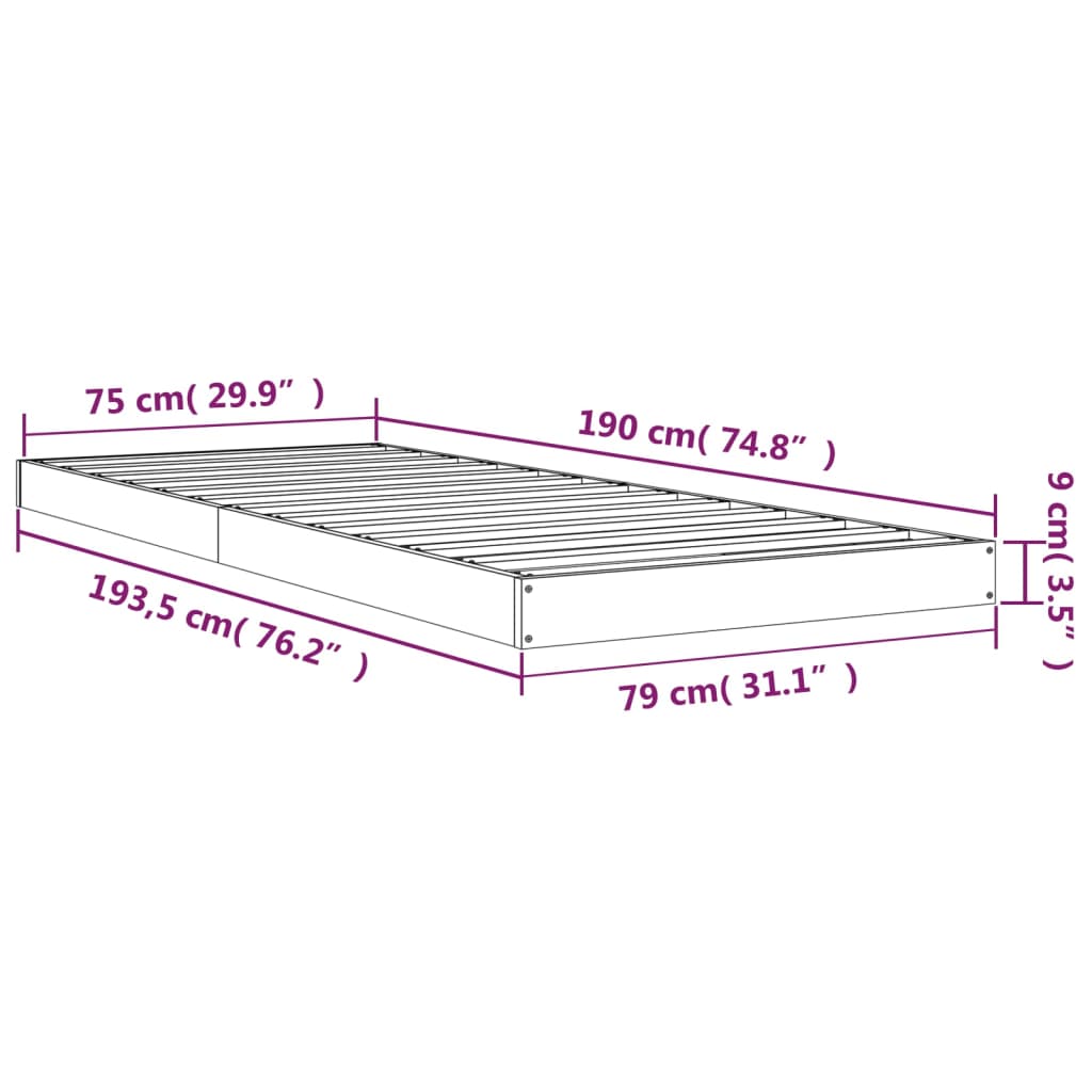 Okvir kreveta crni 75 x 190 cm mali od masivne borovine