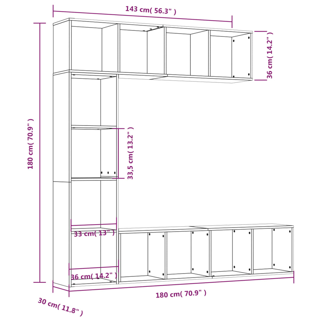 3-dijelni set ormarića za knjige/TV boja hrasta 180x30x180 cm