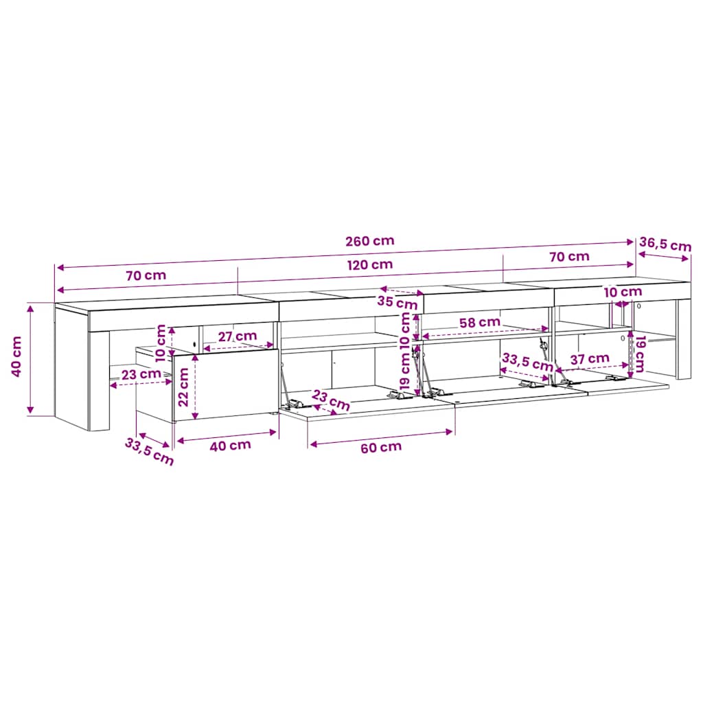TV ormarić s LED svjetlima bijeli 260 x 36,5 x 40 cm