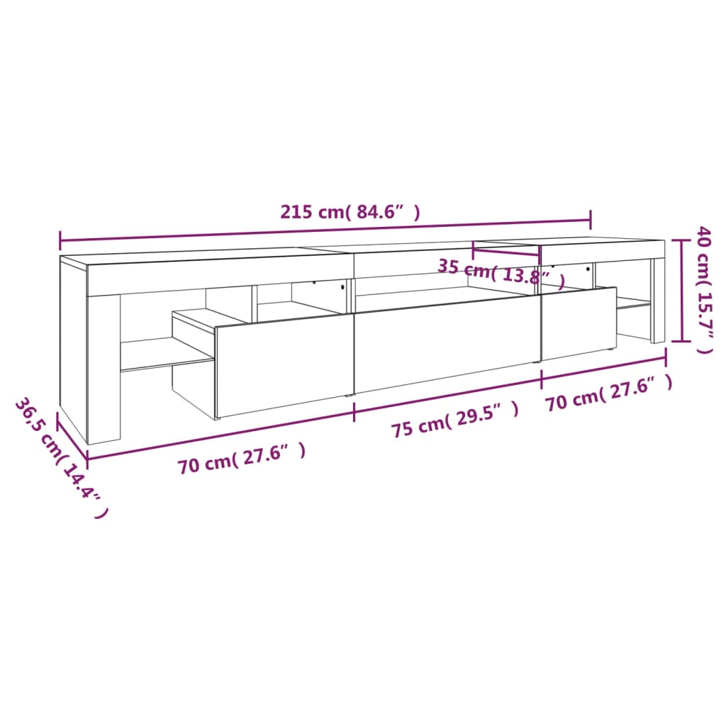 TV ormarić s LED svjetlima siva boja betona 215x36,5x40 cm