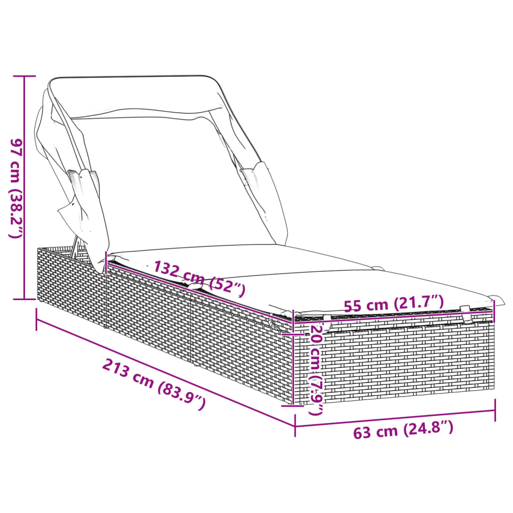 Ležaj za sunčanje sklopivi krov crni 213 x 63 x 97 cm poliratan Crna