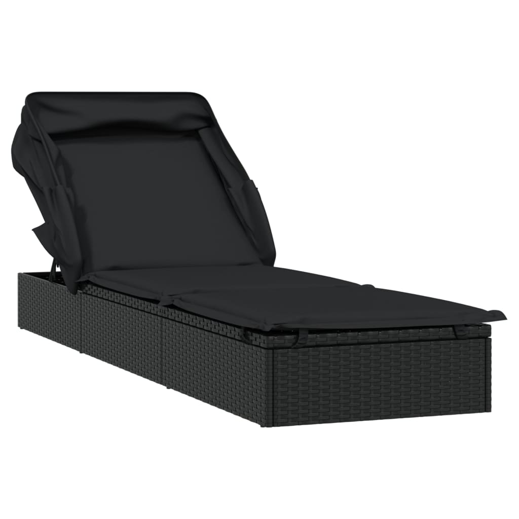 Ležaj za sunčanje sklopivi krov crni 213 x 63 x 97 cm poliratan