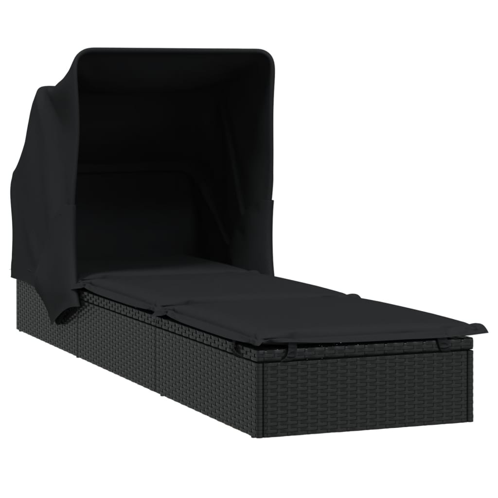 Ležaj za sunčanje sklopivi krov crni 213 x 63 x 97 cm poliratan