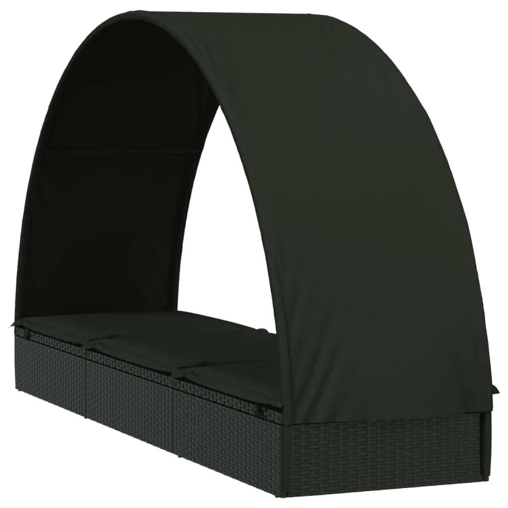 Ležaj za sunčanje s krovom crni 211 x 57 x 140 cm poliratan