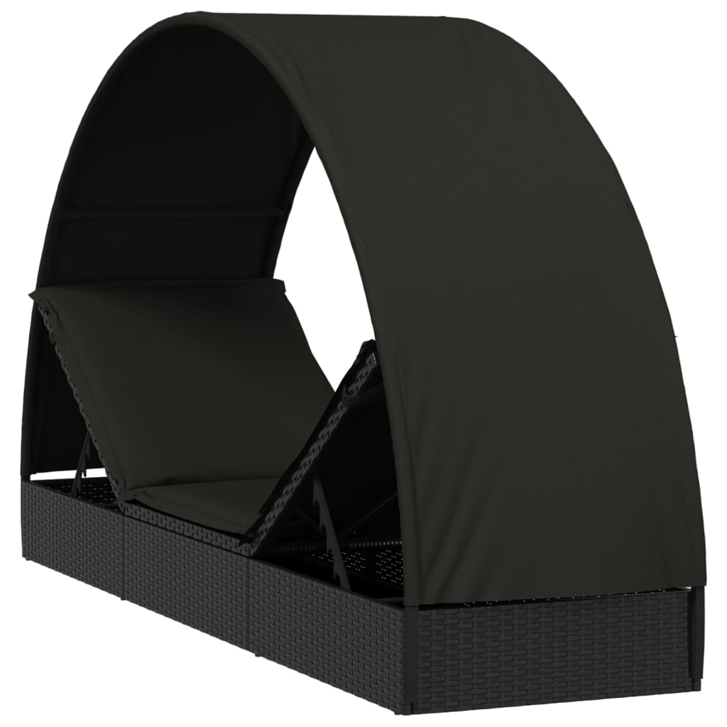 Ležaj za sunčanje s krovom crni 211 x 57 x 140 cm poliratan